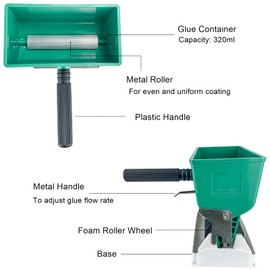 6 Inch Portable Glue Applicator Roller with Paint Bucket Handheld Manual Adhesive Glue Spreader with 2 Foam Wheels for Carpenter Woodworking, 10.5oz(320ml)