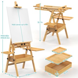 Solid Beech Wood H-Frame Easel, Large Painting Easel with Storage Box and Palette, Professional Foldable Studio Art Easel Stand with Signature Box for Adults, Holds Canvas Art up to 48"