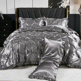 Bedbay Luxury Satin Comforter Set Queen Grey Pinch Pleat Bedding Set Silk Like Satin Ruffled Duvet Set 4 Pcs with 1 Ruffle Satin Body Pillow Cover 1 Comforter 2 Pillowcases