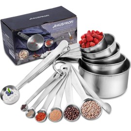 HAUSPROFI Measuring Cups and Spoons Set, 13 Pieces Premium Stainless Steel Measuring Spoons with Ruler Scoop/Clip for Baking, Liquid and Solid