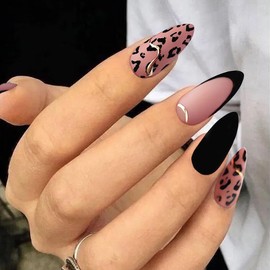 Gangel French Tip Press on Nails Black Almond Shape Nails Nude Pink Leopard Print Fake Nails with Nail Glue Medium Acrylic False Nails for Women and Girls(24 pcs)