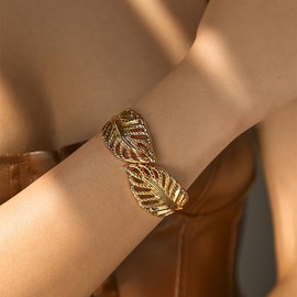 Hollow Leaf Wrap Hinged Statement Bangle Bracelet for Women Modern Wide Chunky Gold Leaves Open Cuff Bracelets Trendy Thick Arm Wrist Bridal Wedding Party Holiday Boho Fashion Jewelry