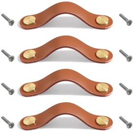 Pack of 4 Leather Furniture Handles Genuine Leather and Copper Knob Cabinet Handle Knobs Leather Handle for Kitchen Cabinets Cabinets (Light Brown, Double Hole)