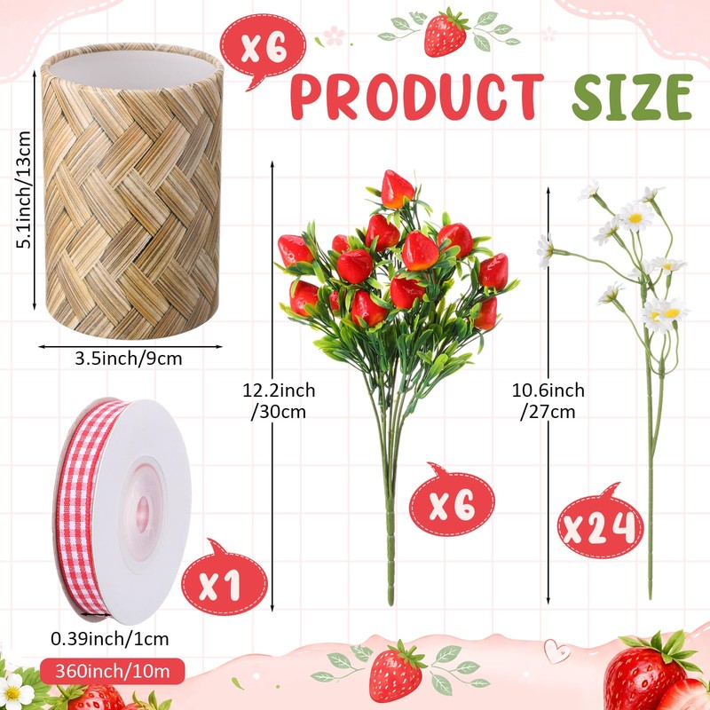 Retrowavy 6 Sets Strawberry Centerpieces for Tables Artificial Strawberry Daisy