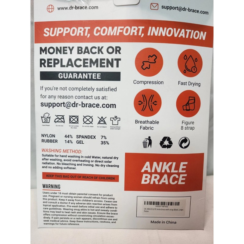 Dr. Brace Elite Ankle Brace with Strap, Black, Large