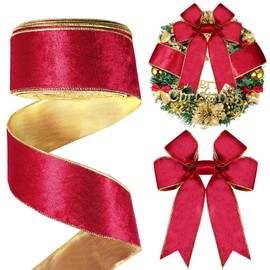 Christmas Red Velvet Ribbon Iron Wired 2.5 Inch 10 Yard Gold Ribbon Soft Red Velvet Ribbon Fabric Gold Ribbon for Crafts Red Holiday Ribbon with Metallic Gold Backing for Weddings Parities Decoration