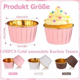 Muffin Cases Paper, Pack of 150 Cupcake Muffin Cases Made of Aluminium Foil, Cupcake Cases for Birthday, Christmas Party, Muffin Mould (White, Pink, Brown)
