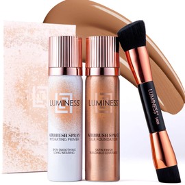 LUMINESS Airbrush Spray Silk Foundation Starter Kit - Light Tan - Foundation, Primer & Dual-Sided Angled Buffing Brush - Medium, Buildable Coverage, Anti-Aging Formula Hydrates & Moisturizes