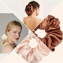 4pcs Large Silk Satin Scrunchies - Soft, Gentle Hair Ties for Thick & Curly Hair | Cute & Sweet Hair Accessories Gift Set coffee color