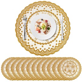 fanquare Round Gold Lace Placemats Set of 12, 15" Floral Vinyl Thin Decorative Party Table Mats for Dining Wedding Holiday Kitchen