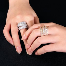 MDFUN 18K Yellow Gold Plated 3 Rows Emerald Cut Cubic Zirconia Rings Wedding Eternity Band for Women Men Size 5.5