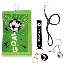 Children's Football Neck Pouch with Football Keyrings, Children's Wallet for Boys and Girls (Black, White, Green) Football Children's Gift, Green, Modern