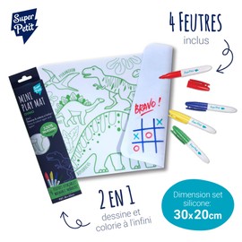 SUPER PETIT - Educational Game - Dino Colouring - Reversible - Comes with 4 erasable Felt tip pens in Different Colours - Easy to Clean - Reusable - Antibacterial - from 3 Years
