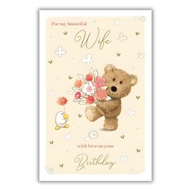Wife Birthday Card - Beautiful Wife - Barley Bear Teddy Flowers and Love Hearts - Special Finishes and Illustrated Insert Leaf - Made in the UK - Eco-Friendly