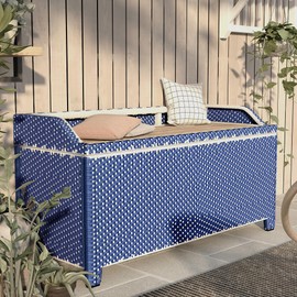 24/7 Shop at Home Aalderich Beach Aluminum and All-Weather Wicker Storage Bench for Garden, Backyard, Patio, Pool Area, Porch, Navy Blue and White