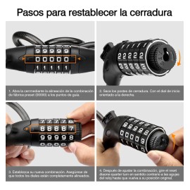 Vanance® Candado De Cable Para Bicicleta Motos 1.2m*12mm Impermeable Reforzado Cadena Para Bici Motocicleta Alta Seguridad Antirrobo Combinación 5 Dígitos Llave Contraseña Color Negro