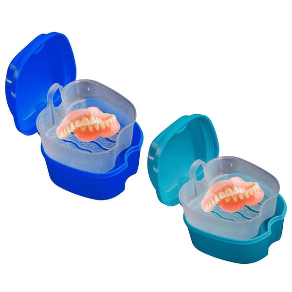 OBTANIM 2 Pack Denture Bath Cup Case Box Holder Storage Soak Container with Strainer Basket for RetainersTravel False Teeth Cleaning (Blue, Green)