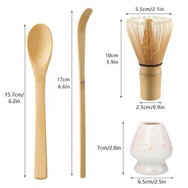 Matcha Tea Set with Whisk and Spoon, Matcha Whisk Kit with Ceramic Whisk Holder Scoop Matcha Ceremony Accessory Set Matcha Gift Set(Pink Dot)