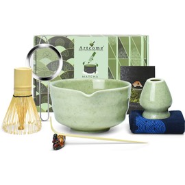 Artcome 7-Piece Matcha Tea Set - Complete Japanese Ceremony Kit with Bowl, Whisk, Scoop, Strainer & Guide, Mottled Light Green