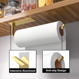 Paper Towel Holder - Self-Adhesive or Drilling, Gold, Upgraded Aluminum Kitchen Roll Dispenser Under Cabinet, Lighter but Stronger Than Stainless Steel!