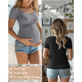 Sweetyweee 4 Pack Womens Maternity Shirts Scoop Neck Cotton Short Sleeve Ribbed Pregnancy Top Henley Side Ruched Mama Clothes(Black, White, Light Gray, Coffee,Medium)
