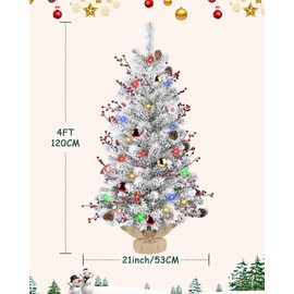 DDHS Christmas Tree 4ft Pre-Lit Snow Flocked Artificial Christmas Trees, Including Spruce, Ornaments Balls, Pine Cones Red Berries, Perfect for Holiday, Easy to Assemble Christmas Tree with 100 Lights