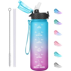 GOPPUS 17 oz Kids Water Bottle with Straw Lid 10pcs Stickers Leak-proof BPA Free Motivational Time Marker Tritan Plastic Water Bottles for Girls Boys School Sports (1Lid Blue Purple)