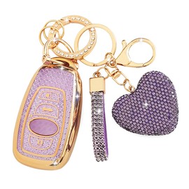 Simocky Key Fob Cover with Diamond Keychain for Subaru Car Key Shell Compatible with Forester Outback BRZ Legacy CrossTrek Soft TPU Smart Key Protector for Women (4 Buttons-Purple Heart)