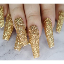 MISUD Glitter False Nails, Long Coffin Fake Nails, Gold Press on Nails, Ballerina Shape Acrylic Nails for Women & Girls