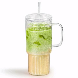 MINGHYZYA 32oz Glass Cups with Handle Lids and Straws, Borosilicate Glass Tumblers for Iced Coffee, Smoothies, Fruit Drinks. Reuseable Glasses Cups for Cold/Hot Water (glass lid 1 pack)