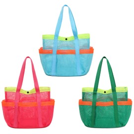 GQIRIL Mesh Beach Bag for Women - 3PCS Foldable Waterproof Sandproof Beach Storage Tote with 6 Pockets, Swim Tropical Vacation Pool Essential for Kid Family Swimmer Travel Cruise (Blue Green Rose Red)