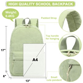 School Backpack for Teens Large Corduroy Bookbag Lightweight Girls Boys Casual High School College 17 inch Laptop Travel Bag, Grass Green, Daypack Backpacks