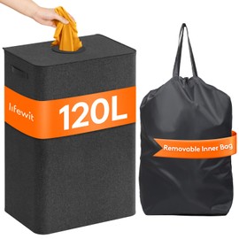 Lifewit 120L Large Laundry Hamper with Lid, Collapsible Laundry Basket with Lid and Reusable Inner Bag, Tall Dirty Clothes Hamper for Laundry Room, Bathroom, Dorm, Bedroom, Dark Gray