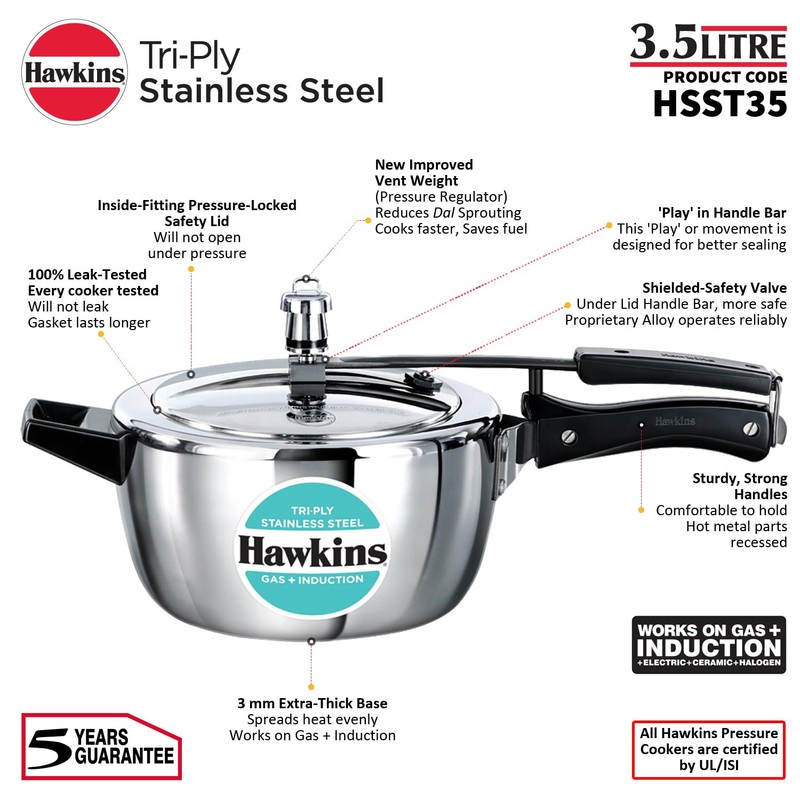 Hawkins 3.5 Litre Triply Stainless Steel Pressure Cooker, Inner Lid