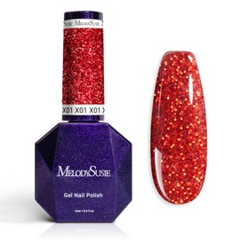 MelodySusie Galaliver Glitter Gel Nail Polish, 15ML Sparkly Shimmer Gel Polish Soak Off UV LED Cured Long Lasting Gift for Women DIY Nail Design Nail Art Manicure Hot Red X01
