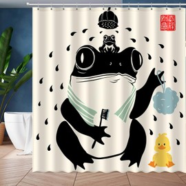 JWXCBIM Funny Frog Bathroom Shower Curtain Set 72x72 Inches, Cute Anime Asian Japanese Style Art Bath Accessories, Cool Animal Yellow Duck Vintage Black Beige Home Decor with 12 Hooks