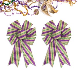2pcs Mardi Gras Wreath Bows, Green Gold Glitter Bows for Wreath for Carnival Party Decorative Bows Purple Sequins Metallic Sparkle Stripe Mardi Gras Bows for Front Door Indoor Outdoor Decorations