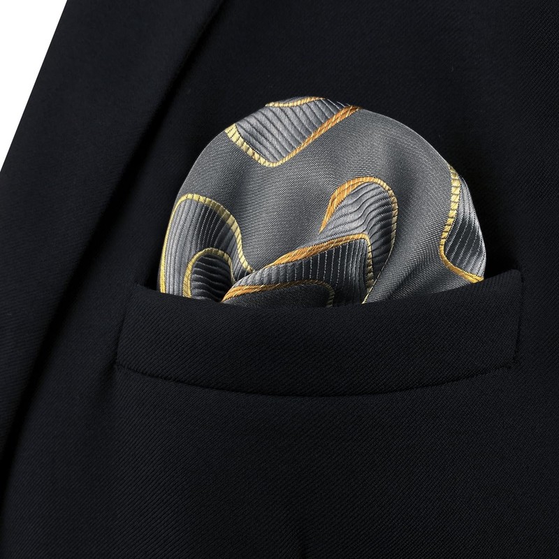 [S&W SHLAX&WING] Men's Pocket Square Gray Yellow Golden Geometric Wedding,