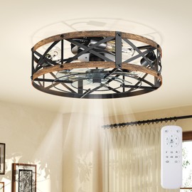 OLIXIS Ceiling Fans with Remote, Farmhouse Ceiling Fan, 19 Inch Low Profile Caged Fandelier, Flush Mount with 6 Wind Speeds, for Bedroom, Kitchen, Living Room, Bulbs Not Included, Gold