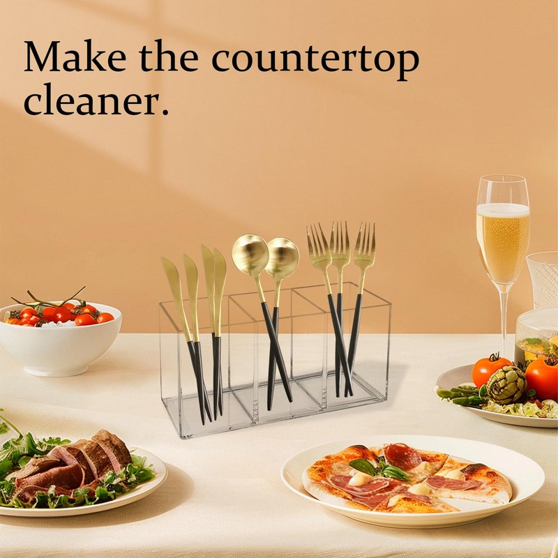 Daxilonyz Acrylic Cutlery Organizer, 3-Sectio Clear Plastic Utensil Storage Caddy