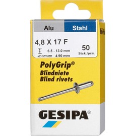 GESIPA PolyGrip 1433850 Blind Rivets Aluminium / Steel 4.8 x 10 / Rivet Shaft Diameter 4.8 mm / Shear Force 1500 N / Tensile Force 2300 N / Flat Round Head Pack of 50