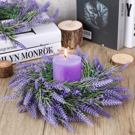 8 Pcs Pillar Candle Ring Wreaths Mini Purple Lavender Wreath Table Centerpieces 9 Inch Wreath for Cabinets Artificial Farmhouse Lavender Wreaths for Front Door Porch Wall Window