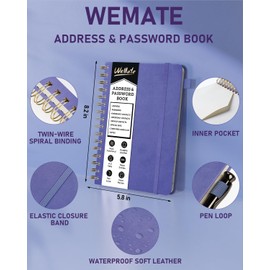 WEMATE Spiral Address Book with Alphabetical Tabs, Leather Password Book, Address Organizer Telephone Notebook Journal Keep Contact Safe Hardcover Large Print for Seniors Home Office 5.8″×8.2″, Purple