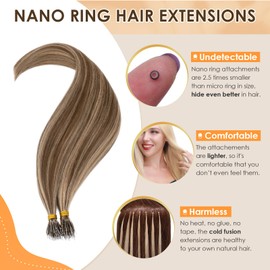 Elailite Nano Beads Hair Extension Real Human Hair 50 Strands 35g Cold Fusion With Nano Ring Micro Rings Remy Hair Straight (#4/27 Medium Brown Mix Dark Blonde, 14 Inch)