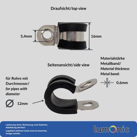 Lumonic 5 x 12 mm pipe clamps with rubber insert, stainless steel V2A, cable clamps for screwing, hose clamp 12 mm, pipe clamps, mounting clamp 12