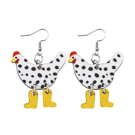 Chicken in Boots Dangle Earrings - Rooster in High Heels Drop Earrings - Funny Animal Earrings for Women-white yellow