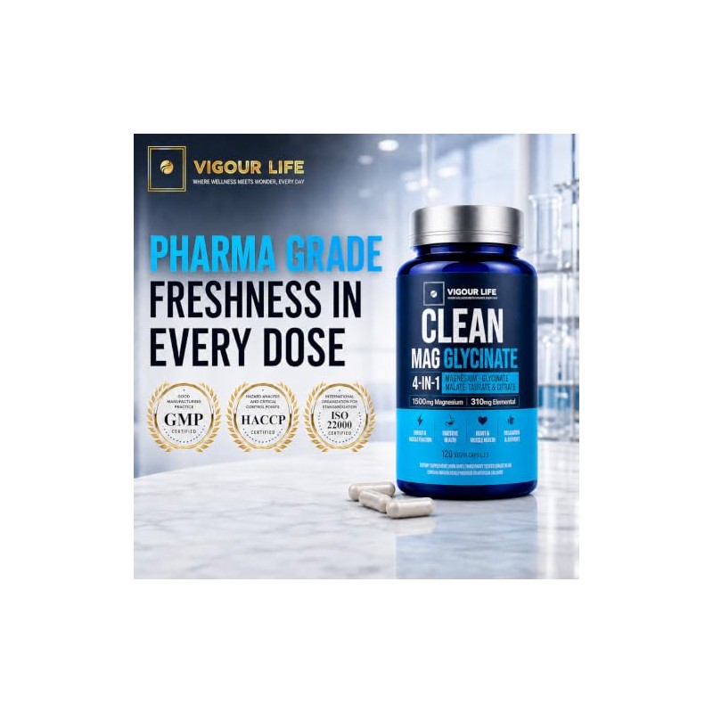 Clean Magnesium Glycinate 1500mg, 4-in-1 Complex, 120 Vegan Capsules