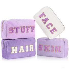 Pinkunn 4 Pcs Preppy Makeup Bags Chenille Letter Patch Bag Face Skin Hair Stuff Aesthetic Cosmetic Bag Corduroy Nylon Cosmetic Bag Birthday Gifts for Women(Purple,Corduroy)