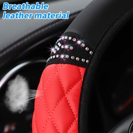 TNAIYH Bling Car Steering Wheel Cover, 14.5-15inch Sheepskin Crystal Rhinestones Elastic Vehicle Steering Wheel Protector, Auto Interior Accessories, Universal for SUV Sedan Truck (Red)
