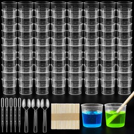 REJOECE 100 Pack Measuring Cups 60ml, Plastic Mixing Cup Measuring Cups, Transparent Scale Cups, Reusable Mixing Cup, 50 Pack Mixing Sticks Labs Graduated Beakers Baking Cooking Home Lab Measure Tool